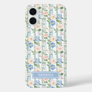 ブロッサム フローラル ウォーターカラー ストライプ オーダーメイド iPhone 16 PLUSケース