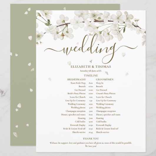 ブロッサム フローラル スクリプト ウェディング スケジュール タイムライン (正面/裏面)