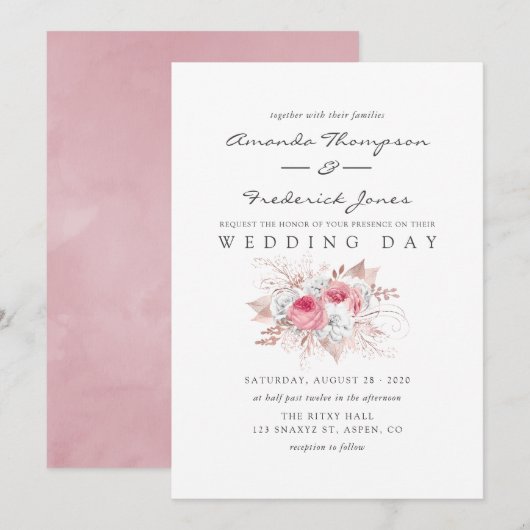 ブロッシュピンクとローズゴールドのフラワーモチーフの結婚式招待状 招待状 (正面/裏面)