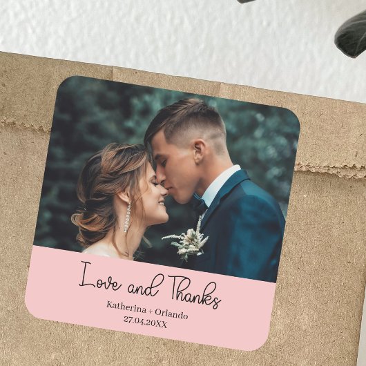 ブロッシュピンクのエレガントな結婚式の愛と感謝の写真 スクエアシール