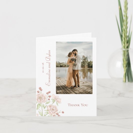 ブロッシュピンクのバラの結婚式の御礼カード 写真入り 招待状 (正面)