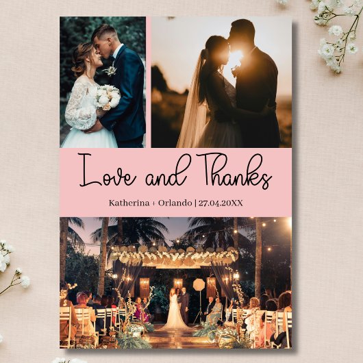 ブロッシュピンクの愛と感謝の3枚の写真の結婚式 カード