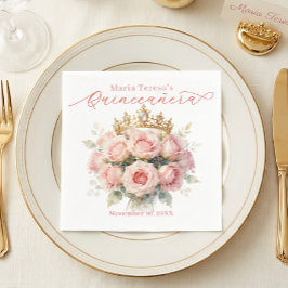 ブロッシュピンクの水彩バラと金のティアラ Quinceañera スタンダードカクテルナプキン