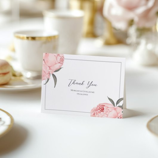 ブロッシュピンクの水彩ペオニーの結婚式の御礼カード サンキューカード