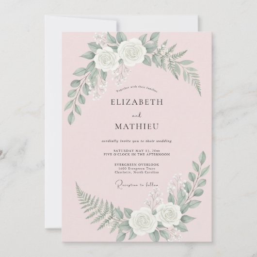 ブロッシュピンクの輝く薔薇の結婚式 招待状 (正面)