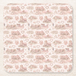 ブロッシュピンク イングランドの村の結婚式 ウォーターカラー スクエアペーパーコースター