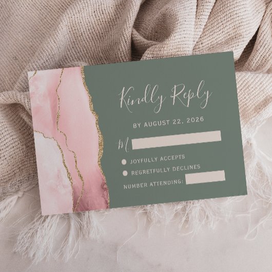ブロッシュピンク ゴールド アゲート セージグリーン 結婚式 RSVP カード