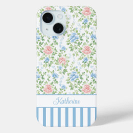 ブロッシュブルーの花のモノグラムウォーターカラー iPhone 15ケース