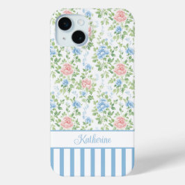 ブロッシュブルーの花のモノグラム iPhone 15 MINIケース