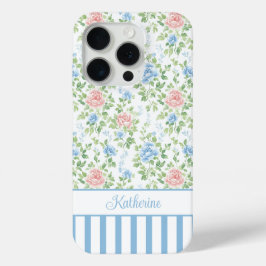 ブロッシュブルーの花のモノグラム iPhone 15 PROケース