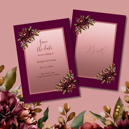 ブロッシュローズゴールドフラワーの結婚式Save the Date 招待状