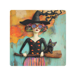 ブロムと黒猫のメタルウォールアートを持つ魔女 メタルプリント