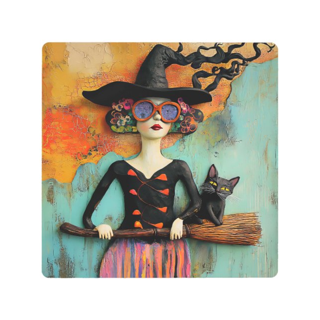 ブロムと黒猫のメタルウォールアートを持つ魔女 メタルプリント (正面)