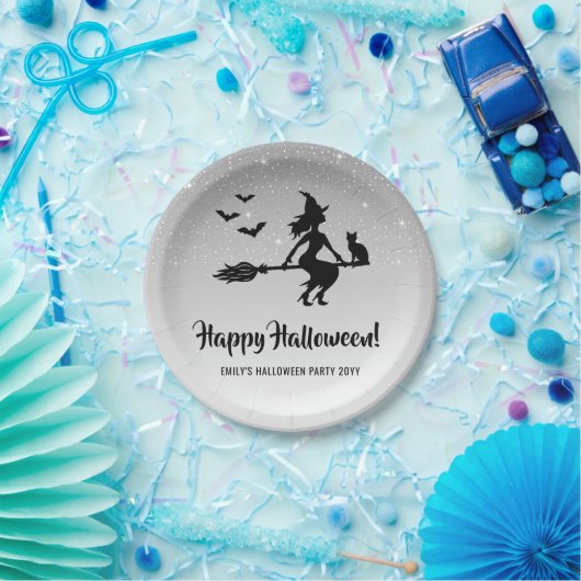 ブロムの銀の灰色と黒のハロウィーンの魔女 ペーパープレート (パーティー)