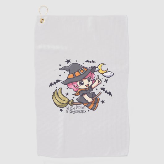 ブロムスティックに乗ったかわいい魔女 ゴルフタオル (正面)