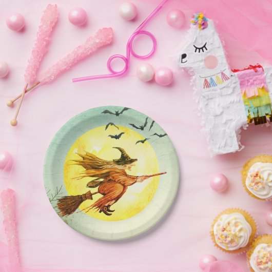 ブロムスティック上のハロウィーンの魔女 ペーパープレート (パーティー)