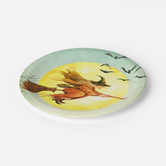 ブロムスティック上のハロウィーンの魔女 ペーパープレート (アングル)