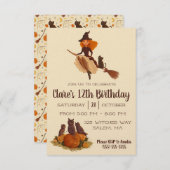 ブロムスティック誕生日パーティーでかわいい魔女 招待状 (正面/裏面)