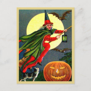 ブロムスティック飛んでいる上の赤い魔女 – ヴィンテージハロウィーン ポストカード