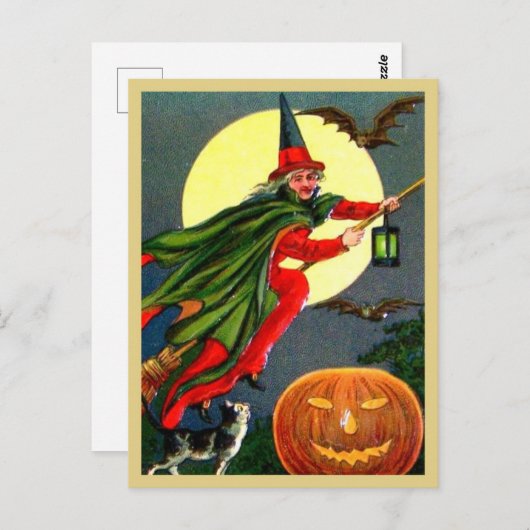 ブロムスティック飛んでいる上の赤い魔女 – ヴィンテージハロウィーン ポストカード (正面/裏面)