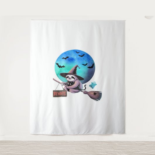 ブロムハロウィンの可愛い飛んでいる魔女ナマケモノに注意 タペストリー (正面)