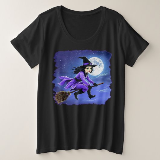 ブロム飛んでいるの魔女 – Wicca Halloween 1 プラスサイズTシャツ (デザイン正面)