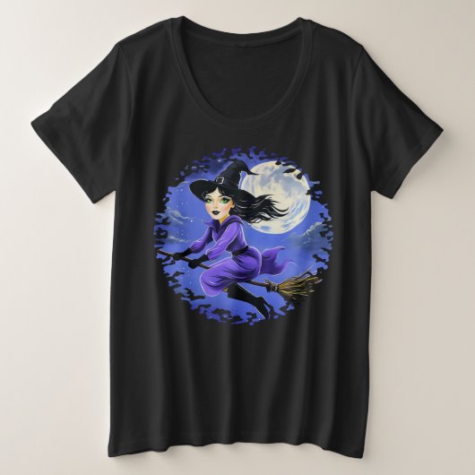 ブロム飛んでいるの魔女 – Wicca Halloween 7 プラスサイズTシャツ (デザイン正面)