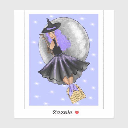 ブロム飛んでいるスティックのステッカーの上の紫の魔女 シール (シート)