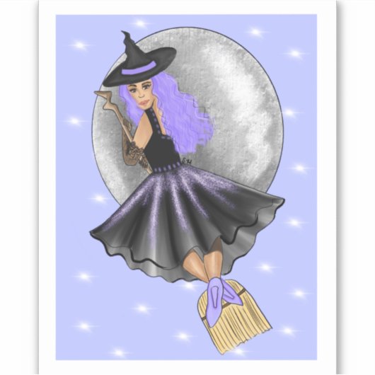 ブロム飛んでいるスティックのステッカーの上の紫の魔女 シール (正面)