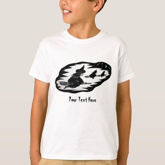 ブロム飛んでいるスティックの不気味な魔女ハロウィーン Tシャツ (正面)