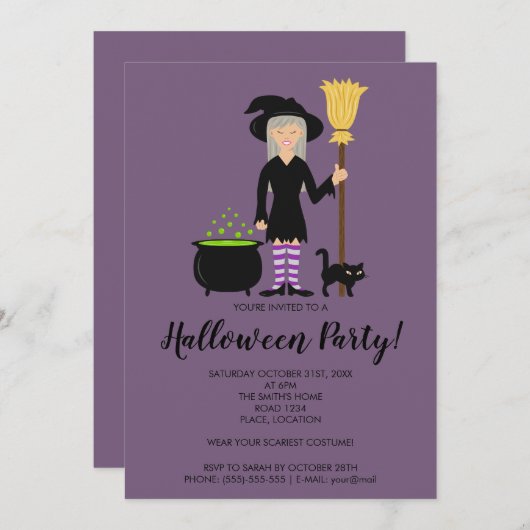 ブロム飛んでいるハローウィンパーティの可愛い魔女 招待状 (正面/裏面)