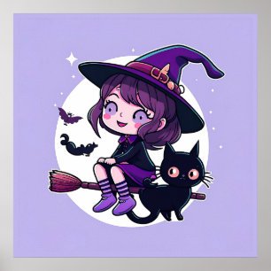 ブロム黒猫こうもりムーンのかわいい魔女 ポスター