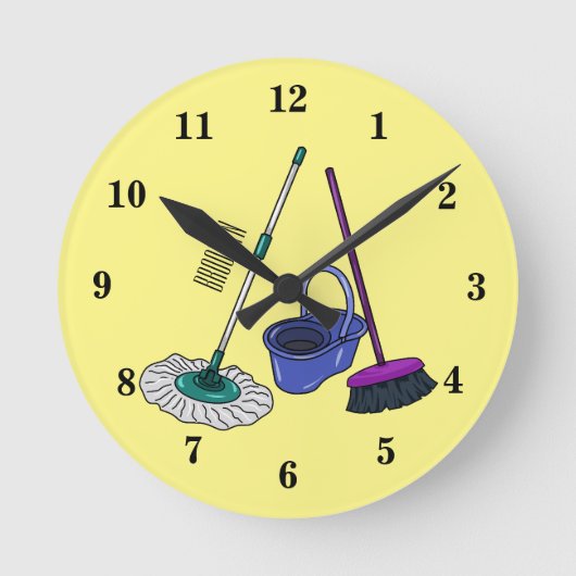 ブロム&モップ漫画イラストレーション ラウンド壁時計 (正面)