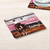 ブロンコの誕生日に乗っているカウボーイ スクエアペーパーコースター (アングル)