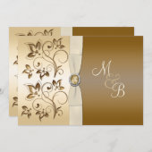 ブロンズとアイボリーのリボン付きモノグラム招待状 招待状 (正面/裏面)