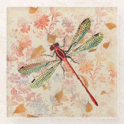 ブロンズとグリーンドラゴンフライオンヴィンテージエフェメラ ガラスコースター (正面)