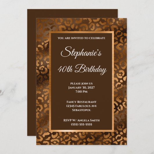 ブロンズとブラウンのホイルレオパードグリッター 40歳の誕生日 招待状 (正面/裏面)