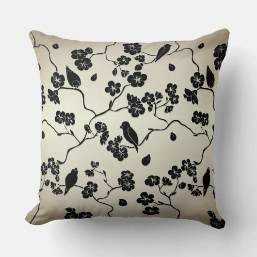 ブロンズに黒い鳥とさくらんぼの花 クッション (正面)
