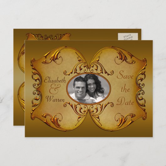 ブロンズのスクロール日付はがきを写真と一緒に保存 案内ポストカード (正面/裏面)