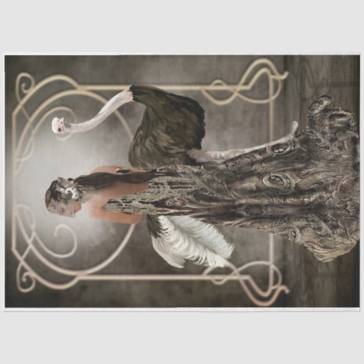 ブロンズアールデコエレガントレディーオストリッチポートレートアート 薄葉紙 (正面)