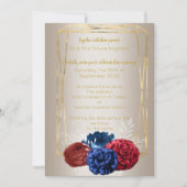 ブロンズゴールドの豪華な赤と青のウェディングブーケ 招待状 (正面)