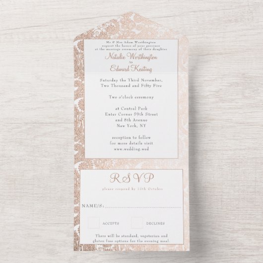 ブロンズゴールドフィリグリーパイスリーヘンナウェディングRSVP オールインワン招待状 (内側)
