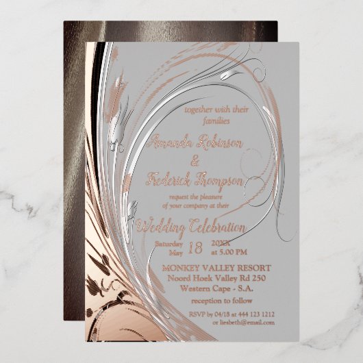 ブロンズシルバー&ブラック抽象芸術 箔招待状 (正面/裏面)