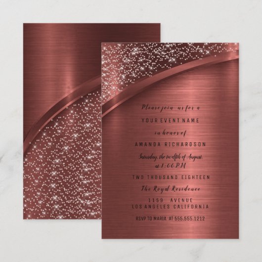 ブロンズバーガンディグリッター スイート16歳の誕生日パーティー 招待状 (正面/裏面)