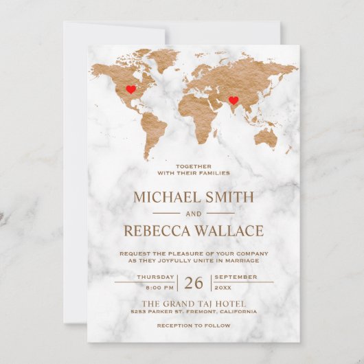 ブロンズマーブルワールドマップ旅行ハート結婚ズ 招待状 (正面)