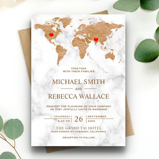 ブロンズマーブルワールドマップ旅行ハート結婚ズ 招待状