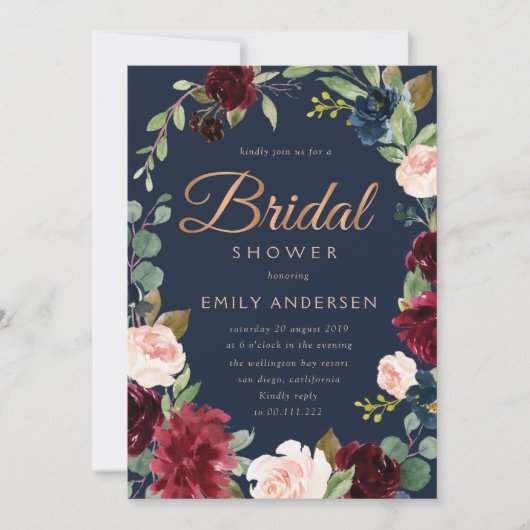 ブロンズモダンスクリプトブルゴーニュ海軍ブライダルシャワー 招待状 (正面)