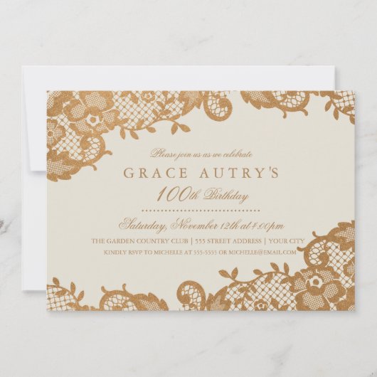 ブロンズレース 100歳の誕生日招待状 招待状 (正面)