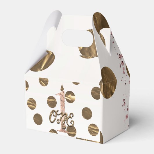 ブロンズ水玉模様バラ金ゴールドONE 1 1st誕生日 フェイバーボックス (正面サイド)