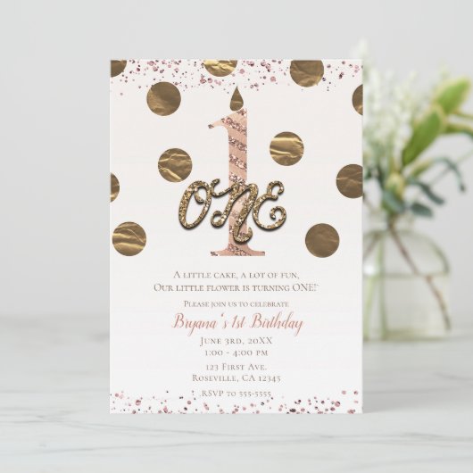 ブロンズ水玉模様バラ金ゴールドONE 1 1st誕生日 招待状 (スタンド正面)